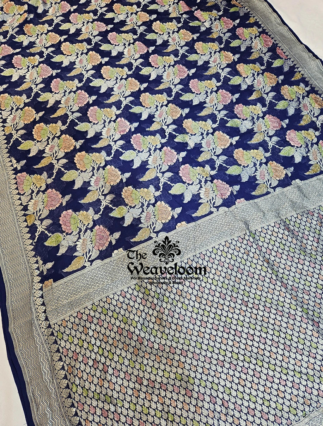 Navy Blue Floral Khaddi Georgette Banarasi Saree with Water Zari Work - Pure Banarasi Saree Online