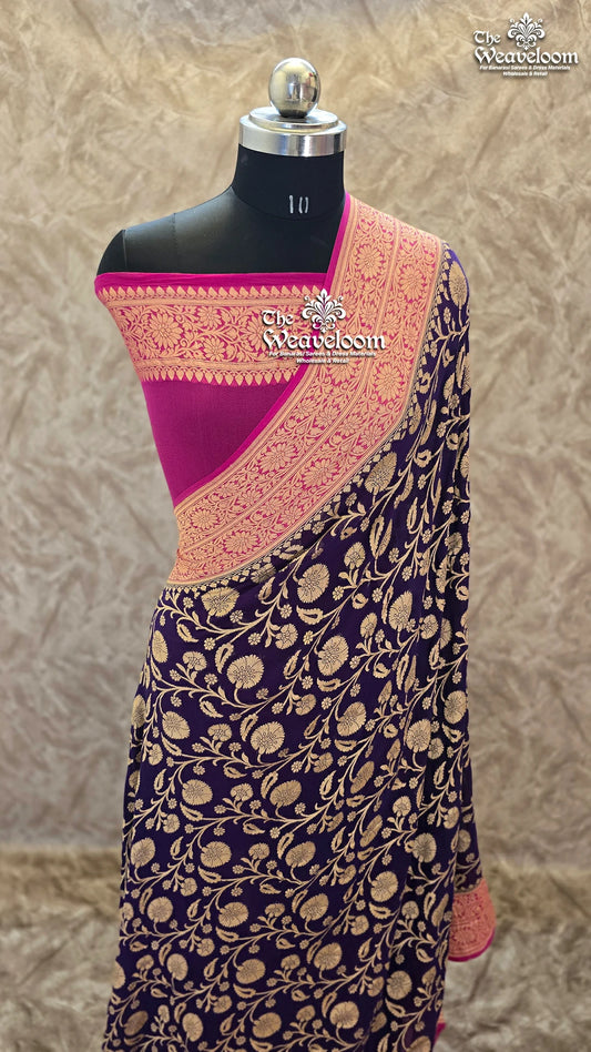 Navy Blue Khaddi Georgette Jaal Work Banarasi Saree with Antique Zari by The Weaveloom