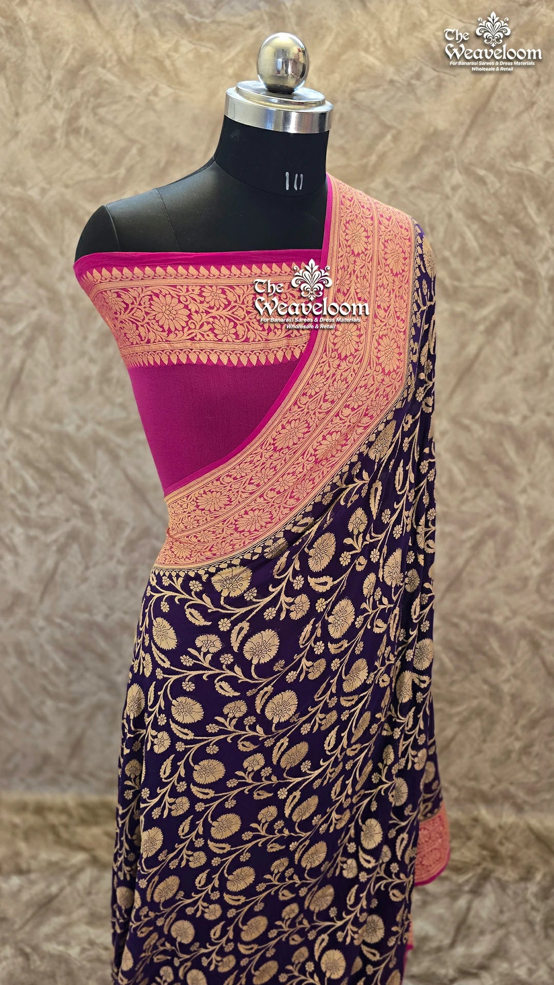 Navy Blue Khaddi Georgette Jaal Work Banarasi Saree with Antique Zari by The Weaveloom