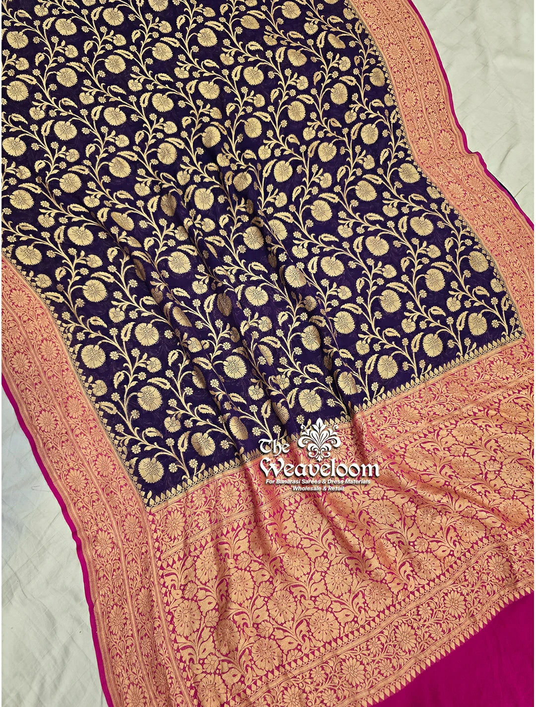 Navy Blue Khaddi Georgette Jaal Work Banarasi Saree with Antique Zari by The Weaveloom