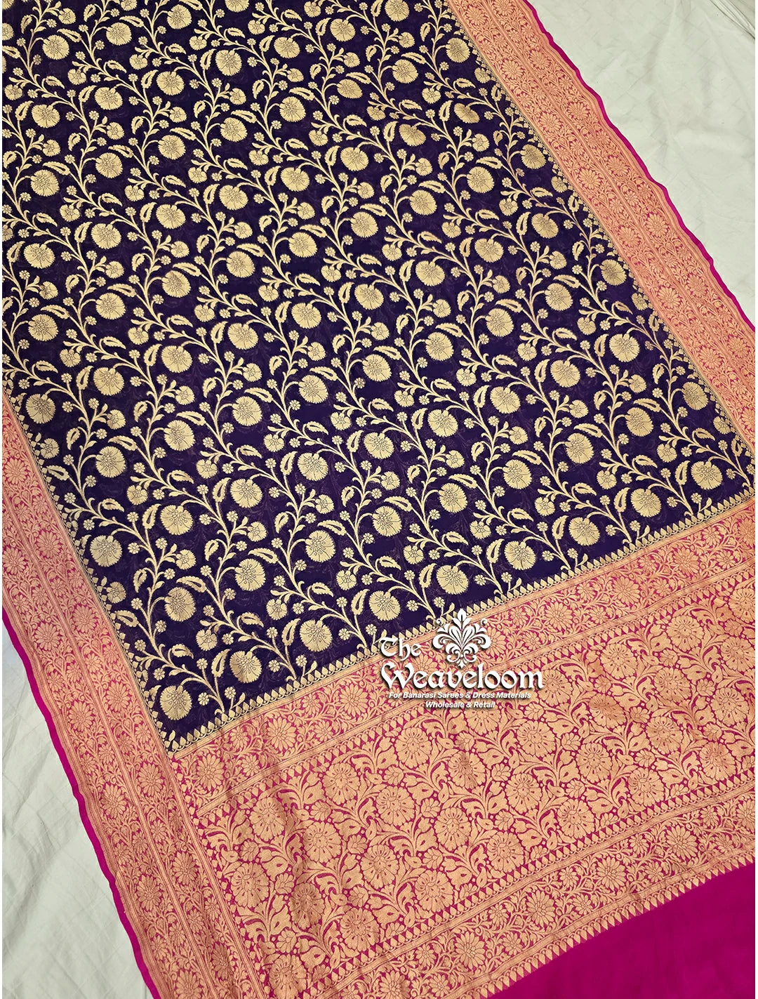 Navy Blue Khaddi Georgette Jaal Work Banarasi Saree with Antique Zari by The Weaveloom