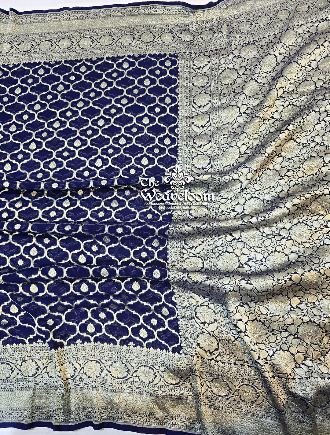 Navy Blue - Khaddi Georgette Pure Banarasi Saree Water Zari by The Weaveloom