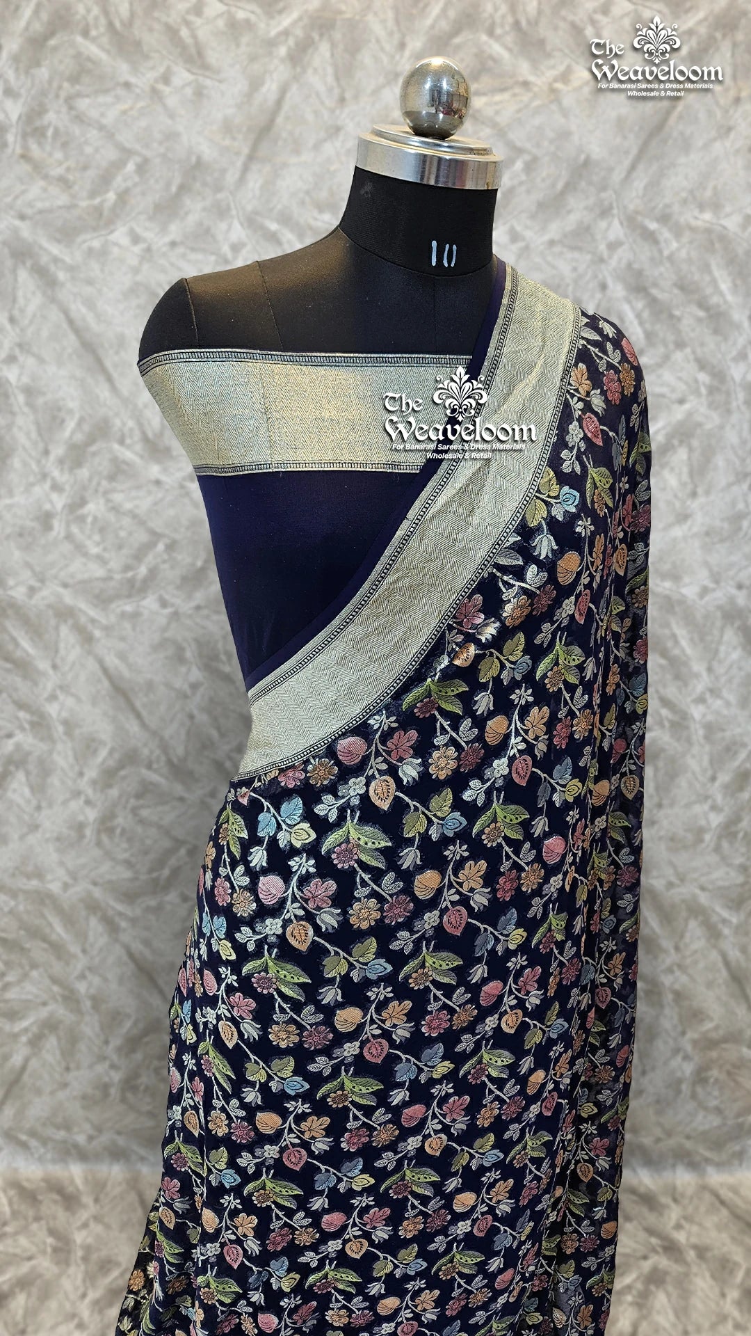 Navy Blue Khaddi Georgette Pure Banarasi Saree with Water Zari by The Weaveloom