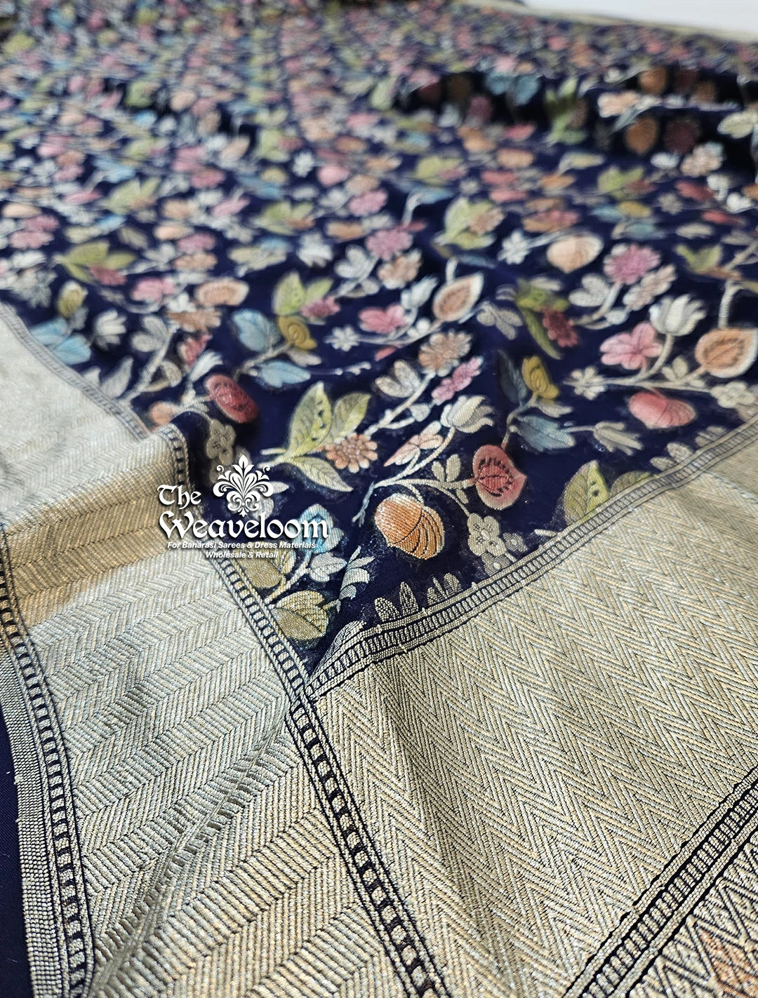 Navy Blue Khaddi Georgette Pure Banarasi Saree with Water Zari by The Weaveloom