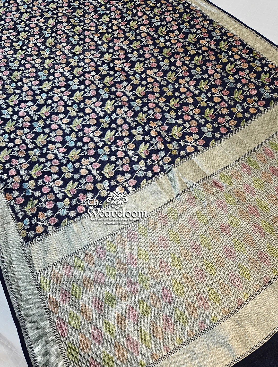 Navy Blue Khaddi Georgette Pure Banarasi Saree with Water Zari by The Weaveloom