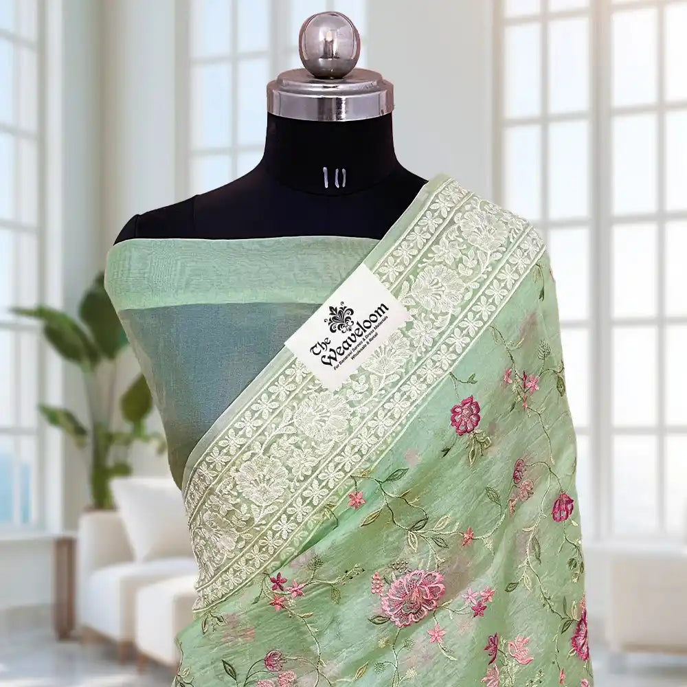 Peach Colour Kora Organza Silk Chikankari Banarasi Saree - The Weaveloom