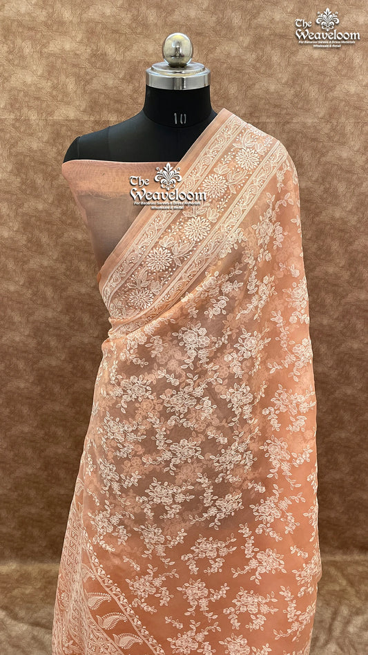 Peach Colour Kora Organza Silk Chikankari Banarasi Saree - The Weaveloom