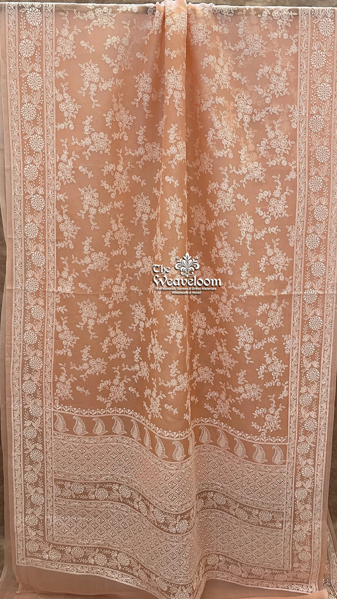 Peach Colour Kora Organza Silk Chikankari Banarasi Saree - The Weaveloom