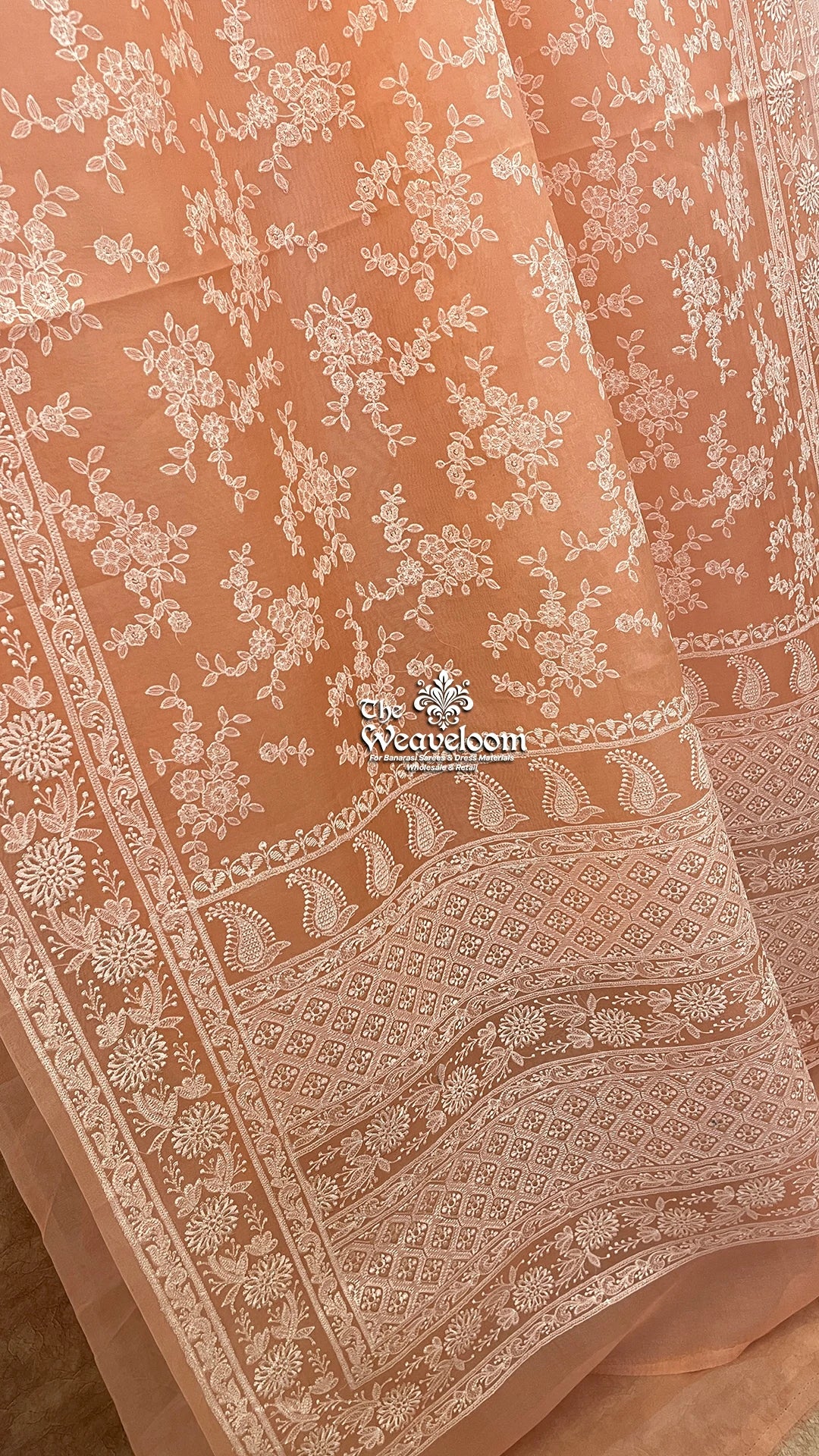 Peach Colour Kora Organza Silk Chikankari Banarasi Saree - The Weaveloom
