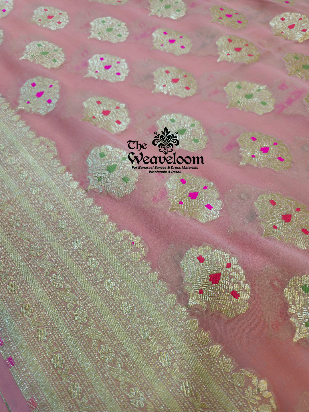 Peach Khaddi Georgette Water Zari Pure Banarasi Saree with Meenakari design, handcrafted with intricate detailing, lightweight fabric, and 100% customizable color options, perfect for weddings and festive occasions.