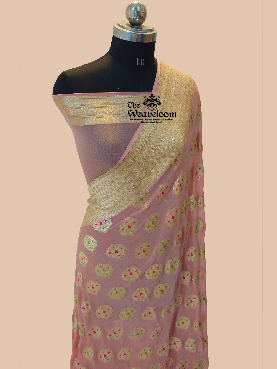 Peach Khaddi Georgette Water Zari Pure Banarasi Saree with Meenakari design, handcrafted with intricate detailing, lightweight fabric, and 100% customizable color options, perfect for weddings and festive occasions.