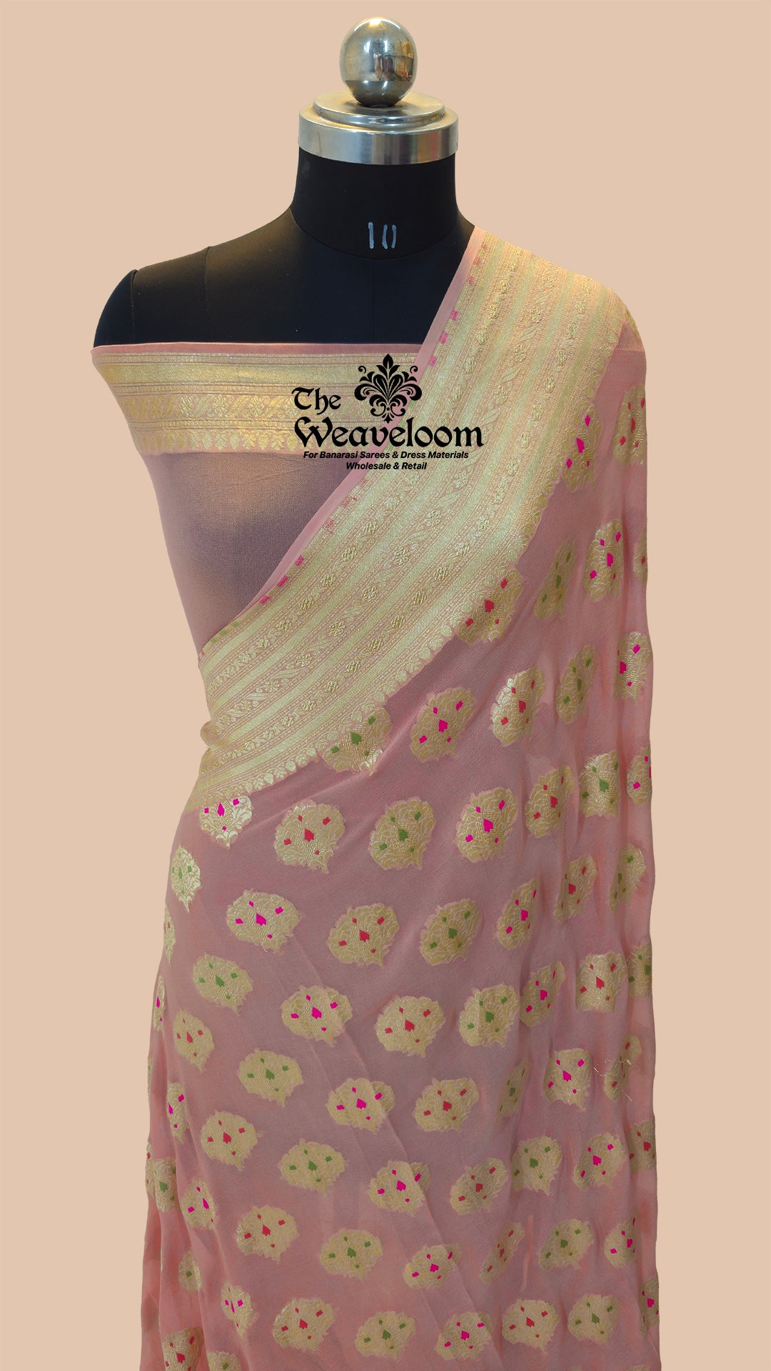 Peach Khaddi Georgette Water Zari Pure Banarasi Saree with Meenakari design, handcrafted with intricate detailing, lightweight fabric, and 100% customizable color options, perfect for weddings and festive occasions.