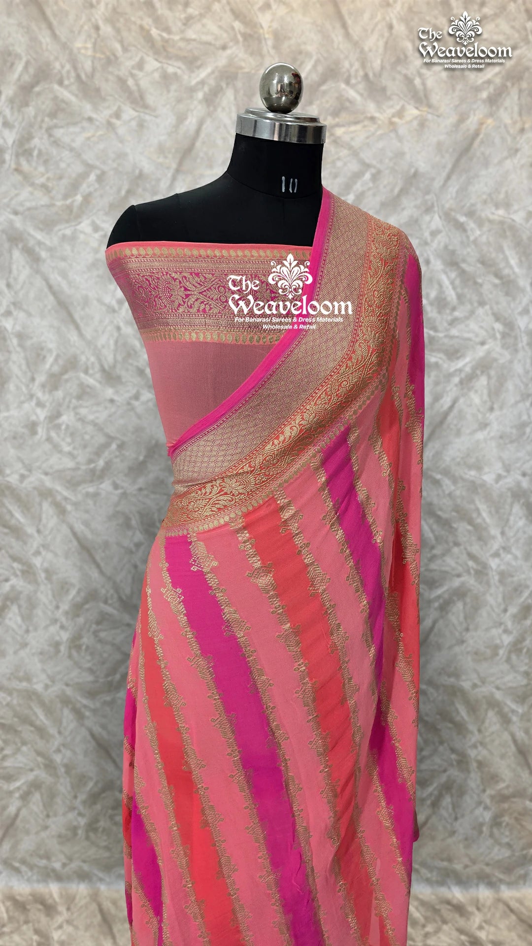 Peach Multi Color Khaddi Georgette Water Zari Pure Banarasi Saree with matching running blouse, 6.5 meters length. Perfect for weddings and special occasions.