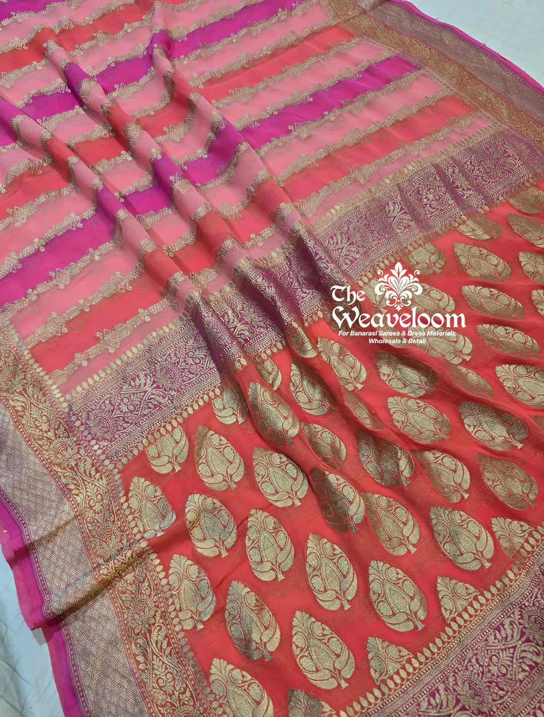 Peach Multi Color Khaddi Georgette Water Zari Pure Banarasi Saree with matching running blouse, 6.5 meters length. Perfect for weddings and special occasions.