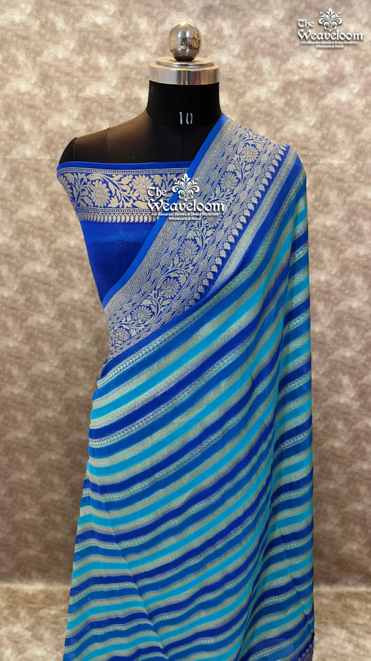Peacock Blue - Khaddi Georgette Water Zari Pure Banarasi Saree by The Weaveloom