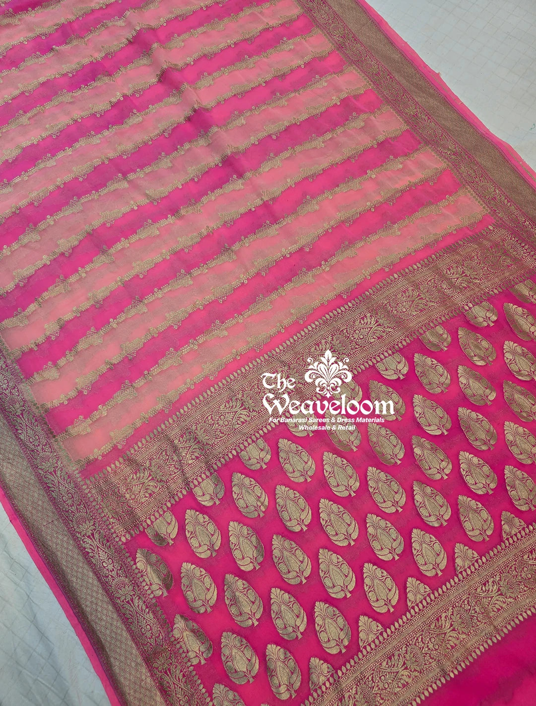 Pink Khaddi Georgette Water Zari Pure Banarasi Saree with running blouse – lightweight, elegant, and customizable for any occasion.