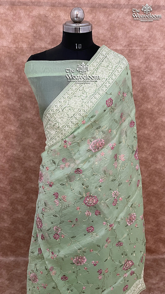 Pista Green Kora Organza Silk Chikankari Pure Banarasi Saree - The Weaveloom