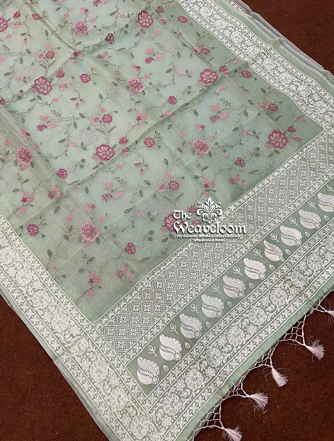 Pista Green Kora Organza Silk Chikankari Pure Banarasi Saree - The Weaveloom