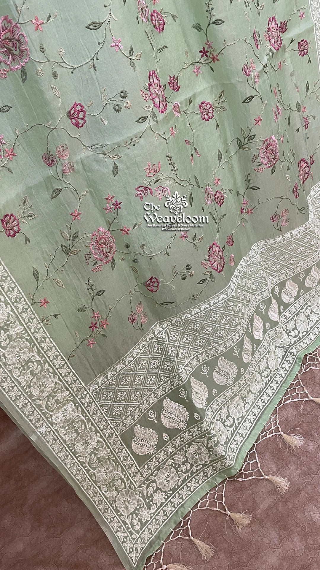 Pista Green Kora Organza Silk Chikankari Pure Banarasi Saree - The Weaveloom