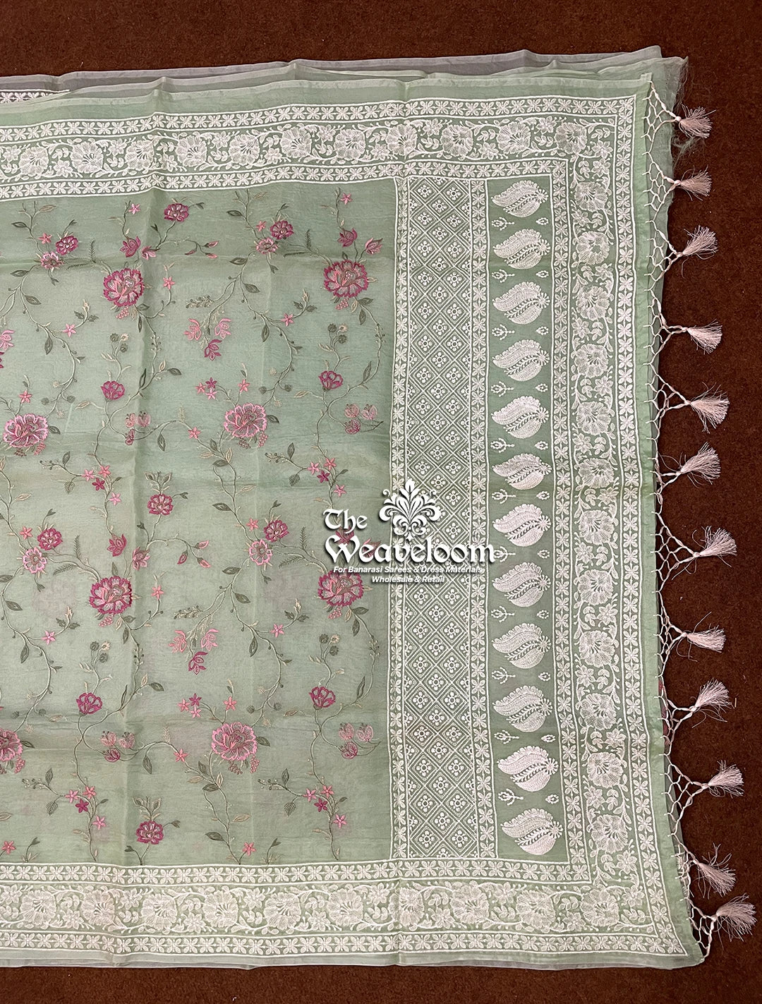 Pista Green Kora Organza Silk Chikankari Pure Banarasi Saree - The Weaveloom