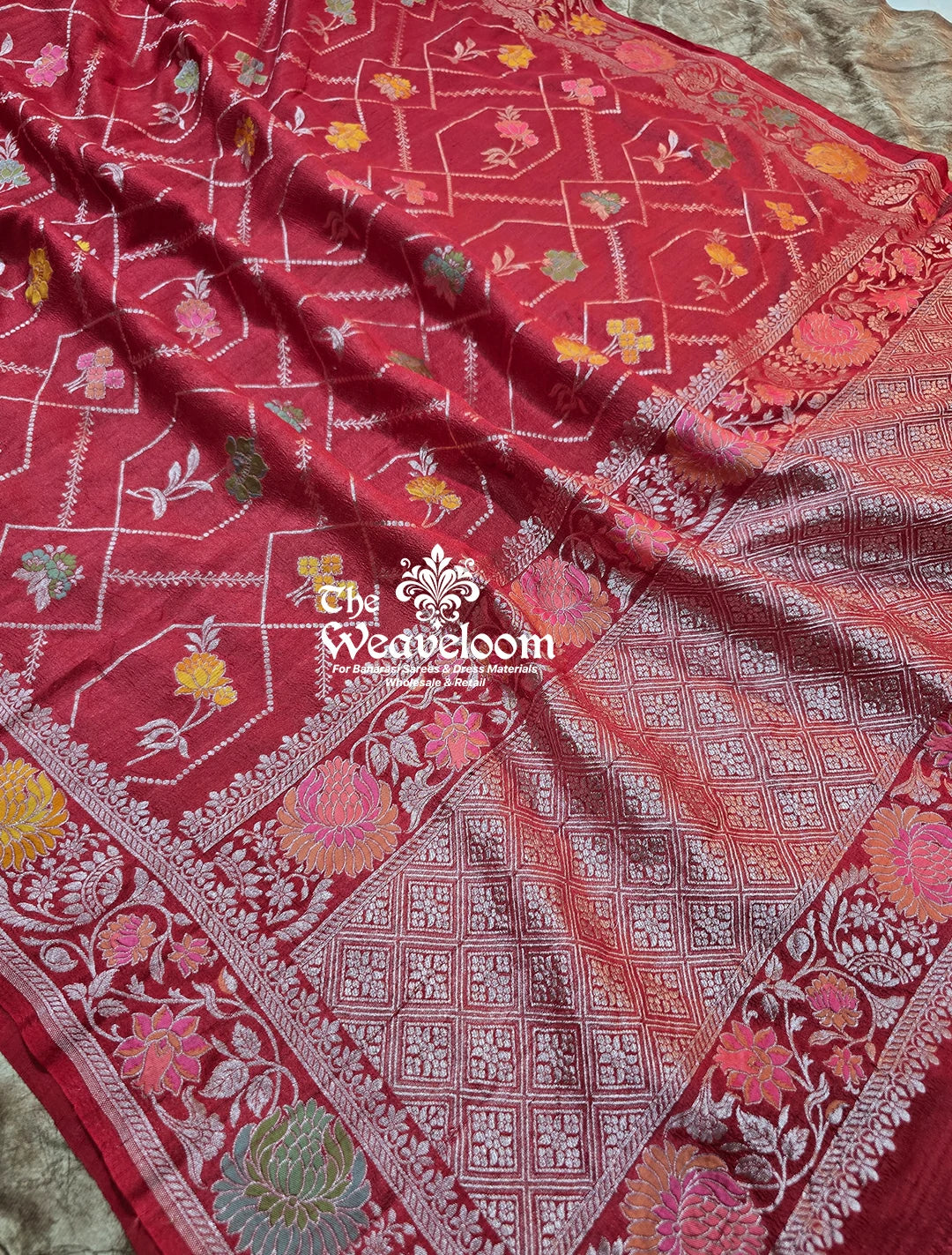 Strawberry Pure Tussar Georgette Meenakari Banarasi Saree – Premium designer saree with meenakari work and customizable color options. Perfect for special occasions.