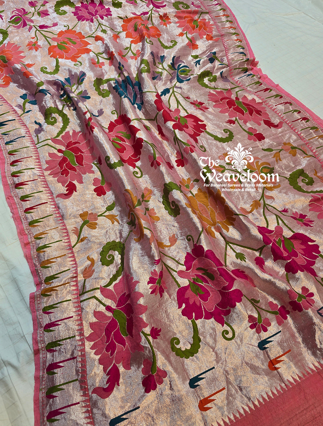 Baby Pink Pure Tussar Georgette Banarasi Saree with Meenakari detailing