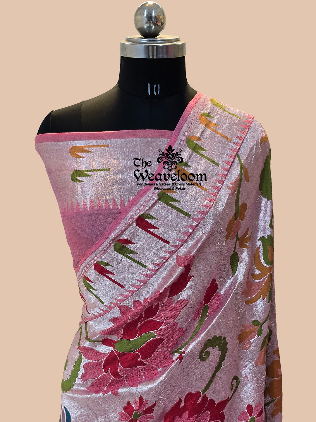Baby Pink Pure Tussar Georgette Banarasi Saree with Meenakari detailing