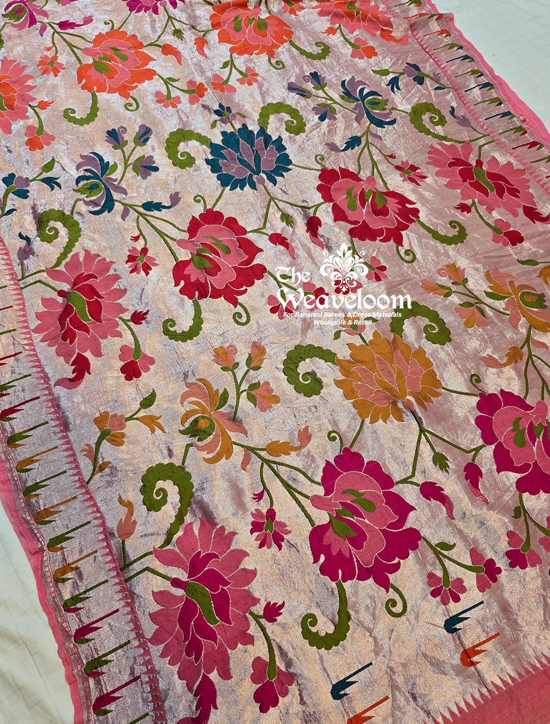 Baby Pink Pure Tussar Georgette Banarasi Saree with Meenakari detailing