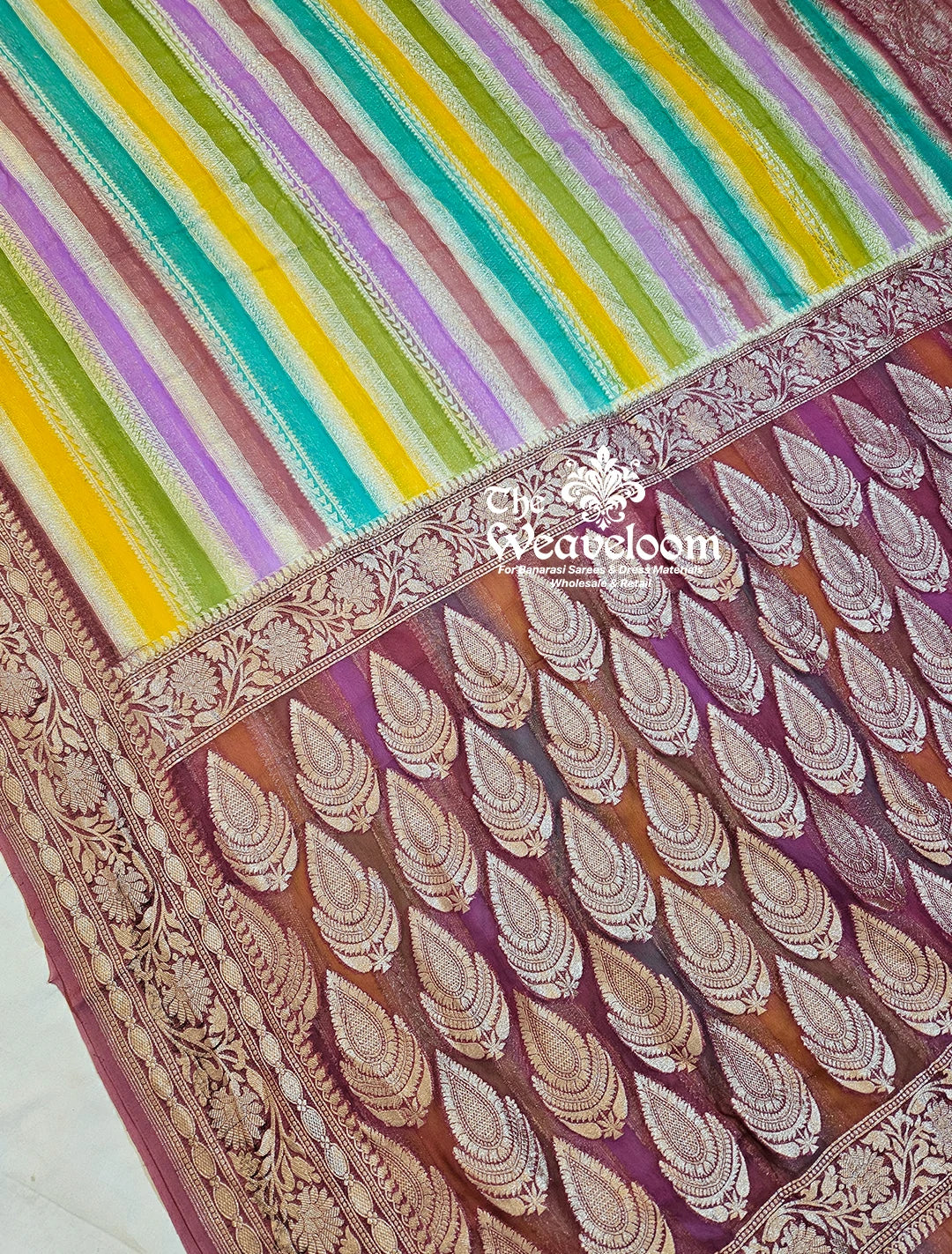 Rangkat Multi-Colour Stripe Saree - Khaddi Georgette Water Zari Pure Banarasi Saree with customizable colours, 6.5 meters in length, and running blouse.