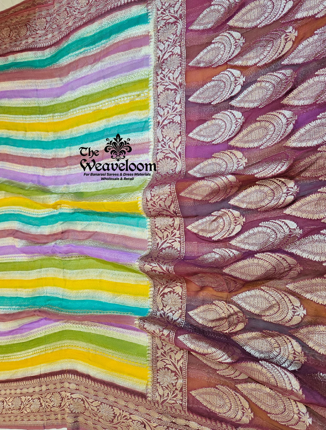 Rangkat Multi-Colour Stripe Saree - Khaddi Georgette Water Zari Pure Banarasi Saree with customizable colours, 6.5 meters in length, and running blouse.