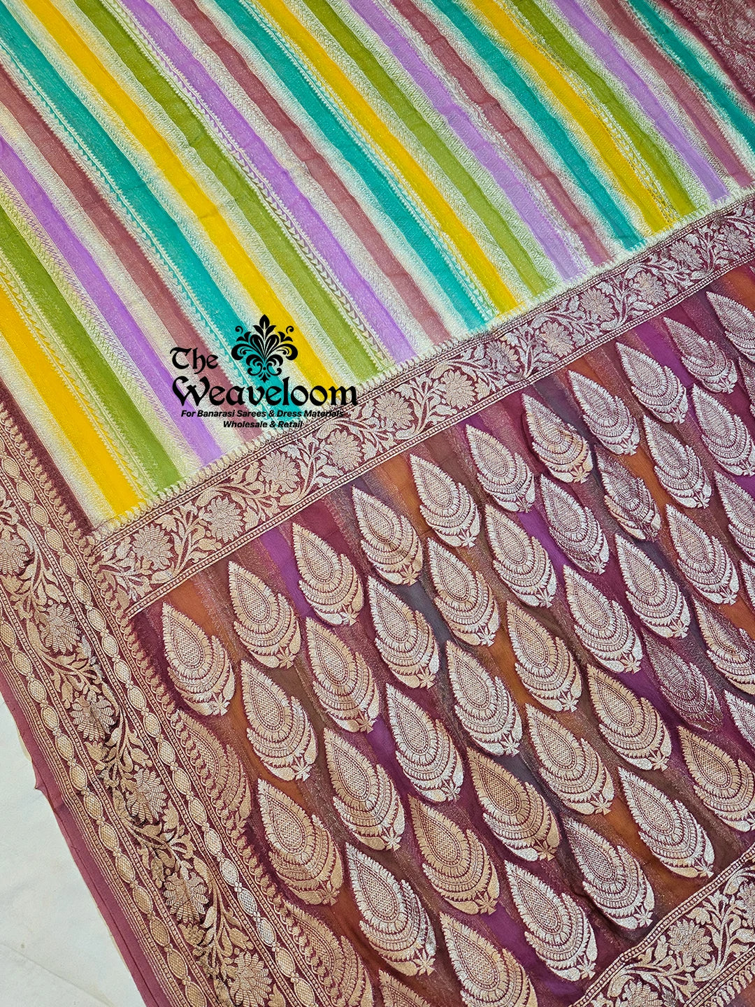 Rangkat Multi-Colour Stripe Saree - Khaddi Georgette Water Zari Pure Banarasi Saree with customizable colours, 6.5 meters in length, and running blouse.