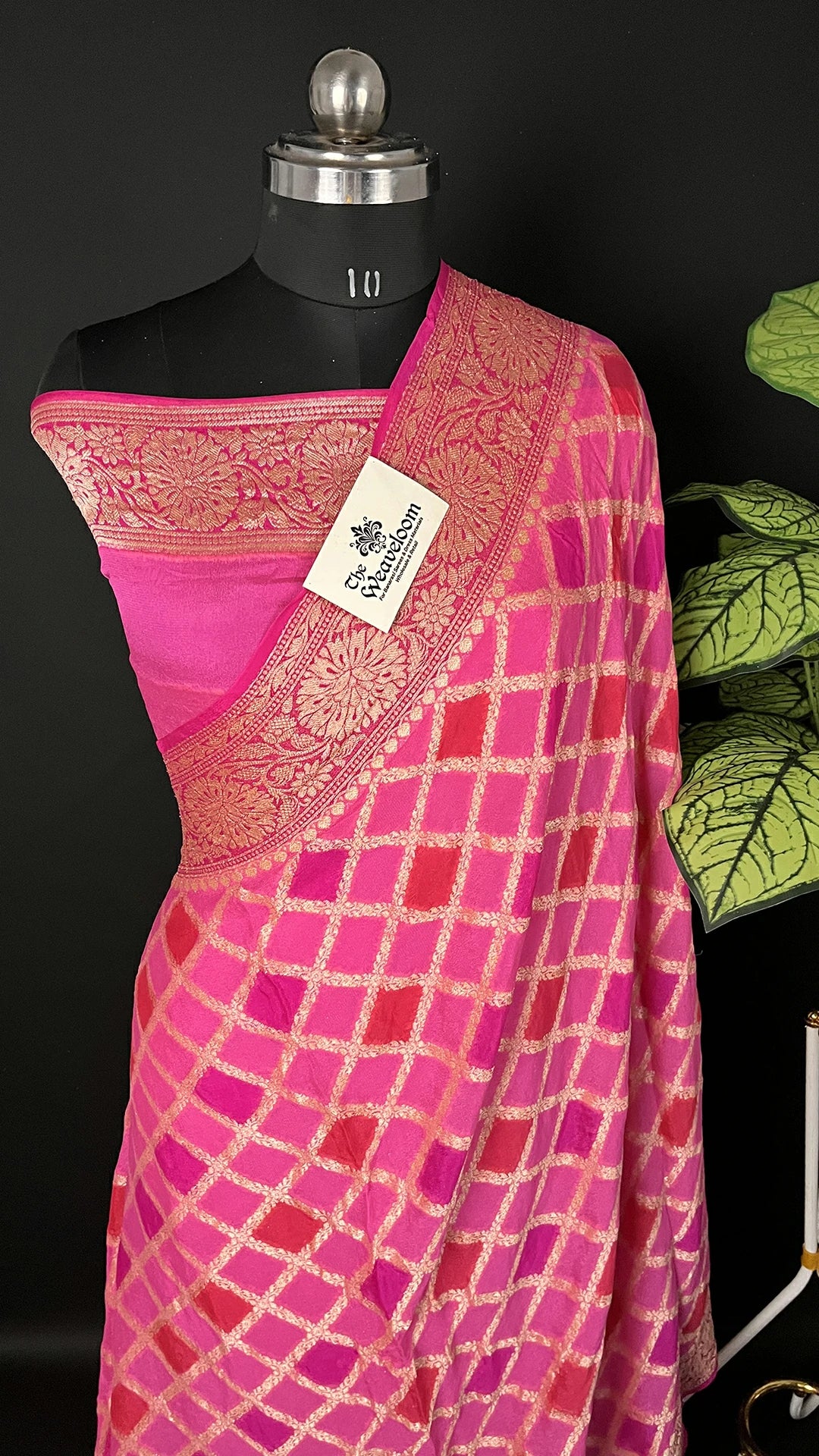 Rangkat Strawberry Crepe Georgette Pure Banarasi Saree Multicolor Lattice Gold Zari by The Weaveloom