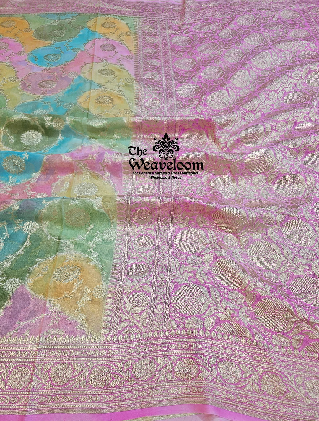 Rangkat Multi-Colour Khaddi Georgette Banarasi Saree with intricate water zari detailing and custom colour options.