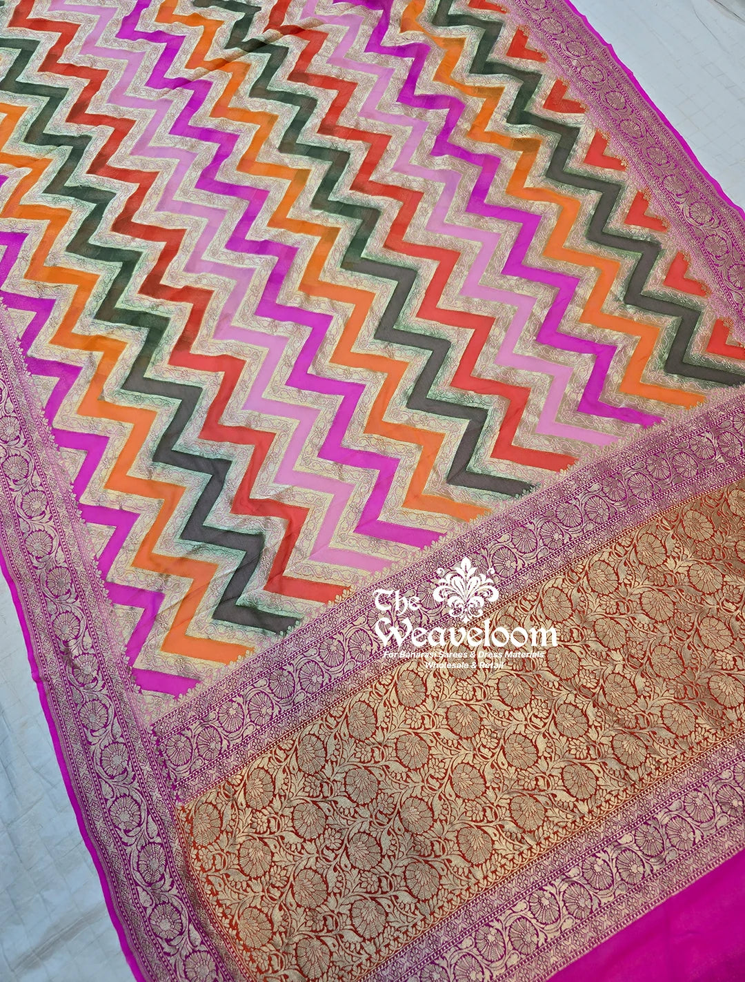 Rangkat Multi-Colour Khaddi Georgette Water Zari Pure Banarasi Saree with Free Shipping and Color Customization Option