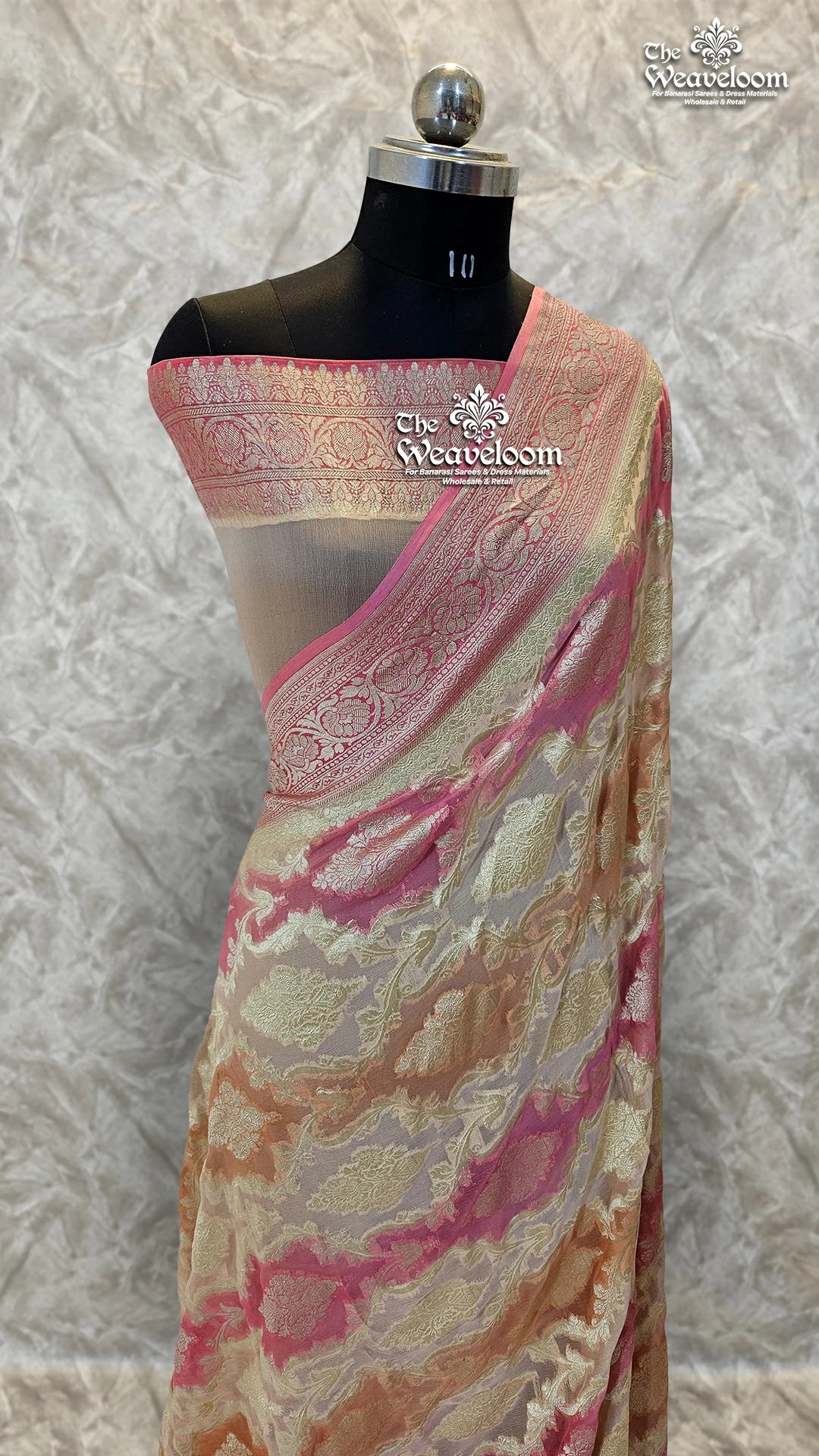 Rangkat Multi Colour Peach Tone Khaddi Georgette Water Zari Pure Banarasi Saree by The Weaveloom