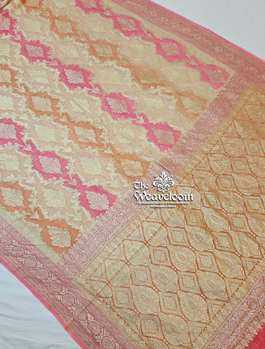 Rangkat Multi Colour Peach Tone Khaddi Georgette Water Zari Pure Banarasi Saree by The Weaveloom
