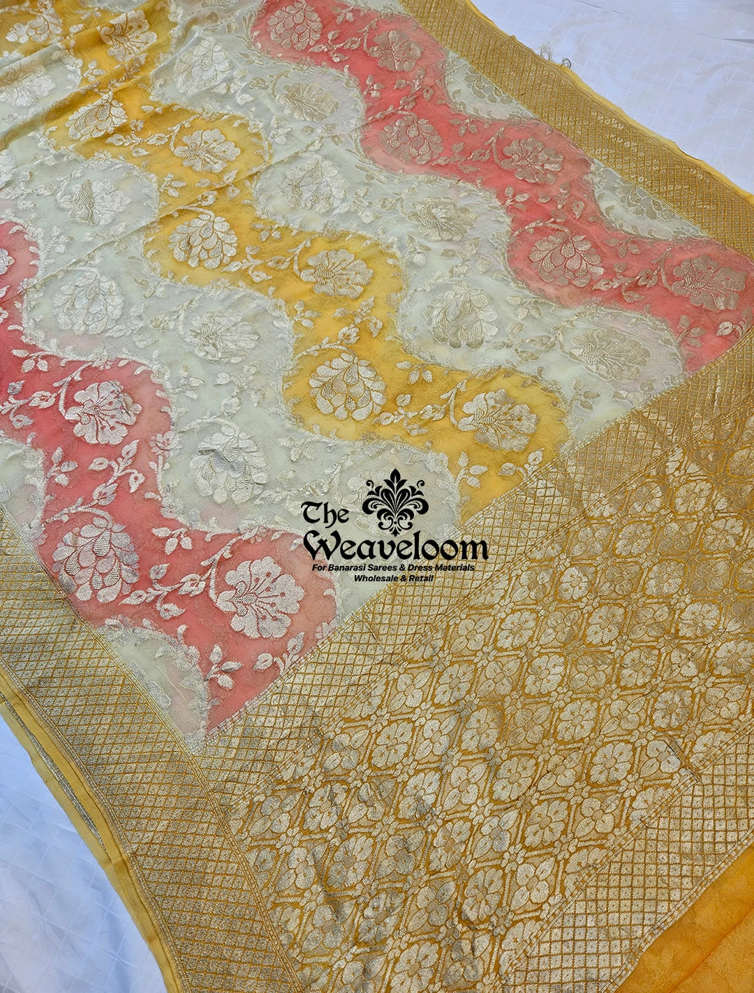 Multi Colour Triple Colour Khaddi Georgette Rangkat Pure Banarasi Saree with Water Zari – The Weaveloom