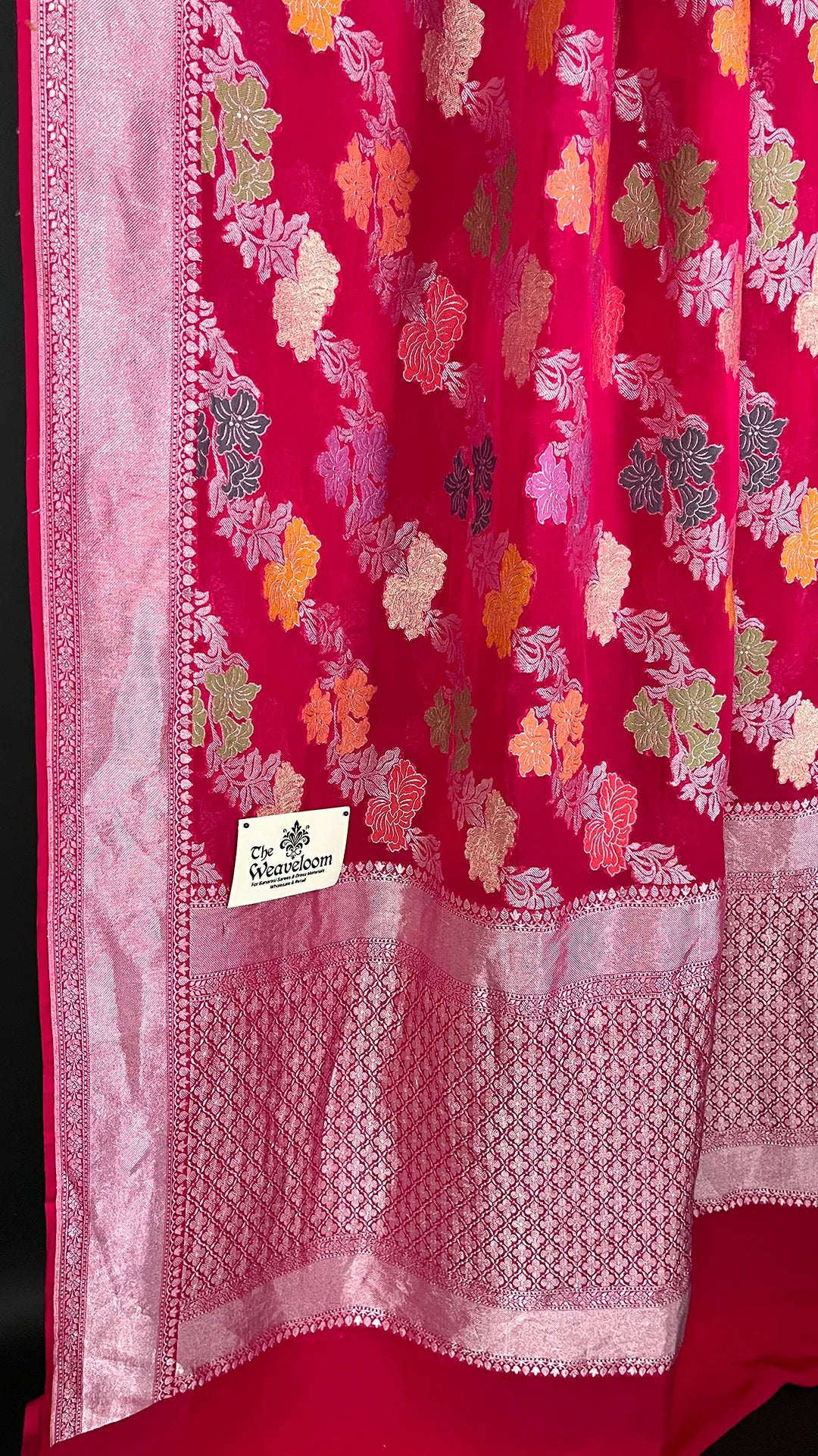 Rani Khaddi Georgette Silver Zari Pure Banarasi Saree with Meenakari Royal Pink – The Weaveloom