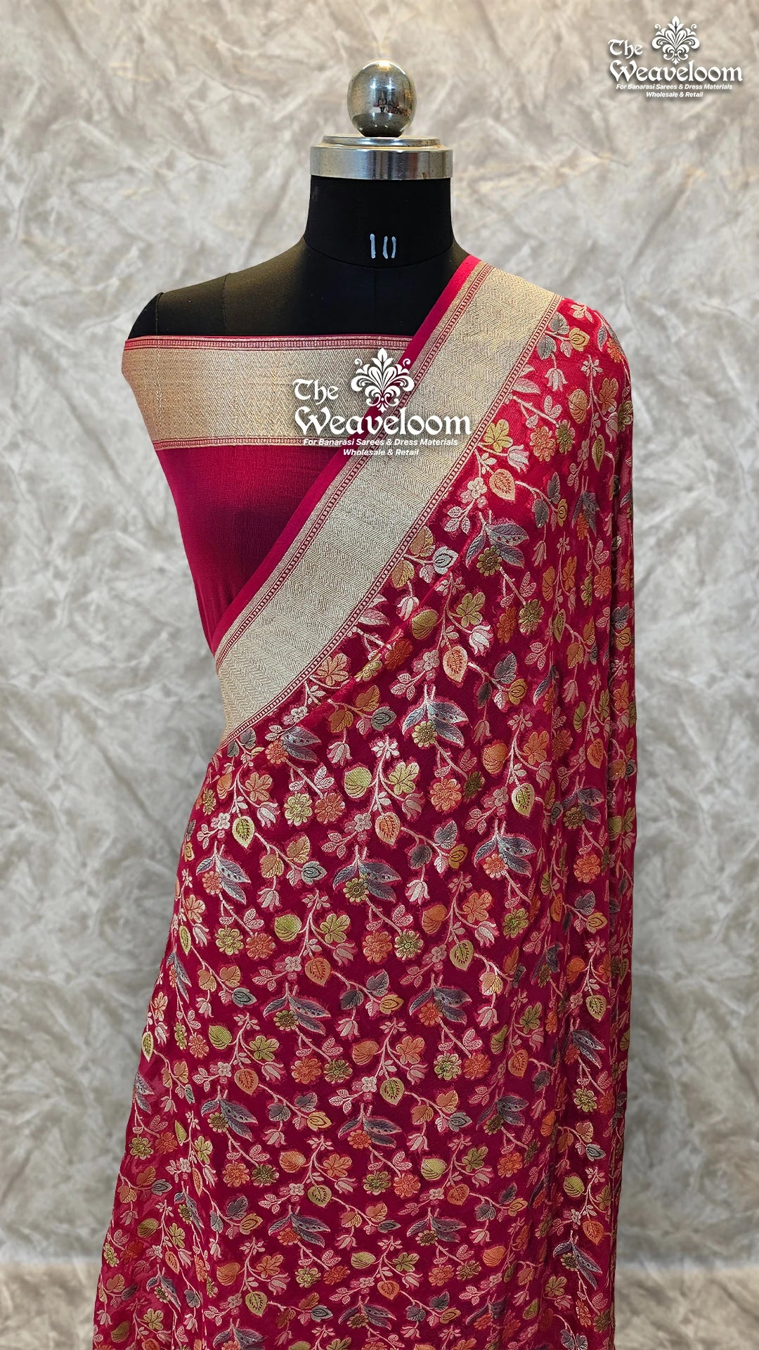 Rani Colour Khaddi Georgette Water Zari Pure Banarasi Saree by The Weaveloom – Floral Design and Handbrush Work