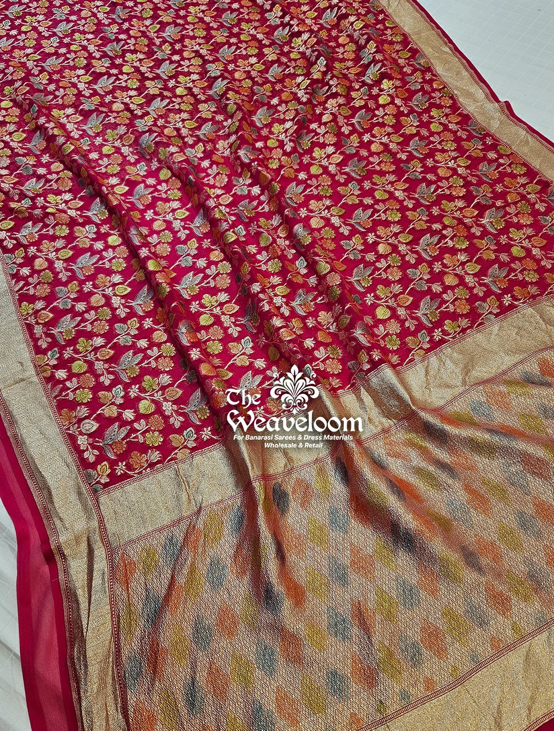 Rani Colour Khaddi Georgette Water Zari Pure Banarasi Saree by The Weaveloom – Floral Design and Handbrush Work