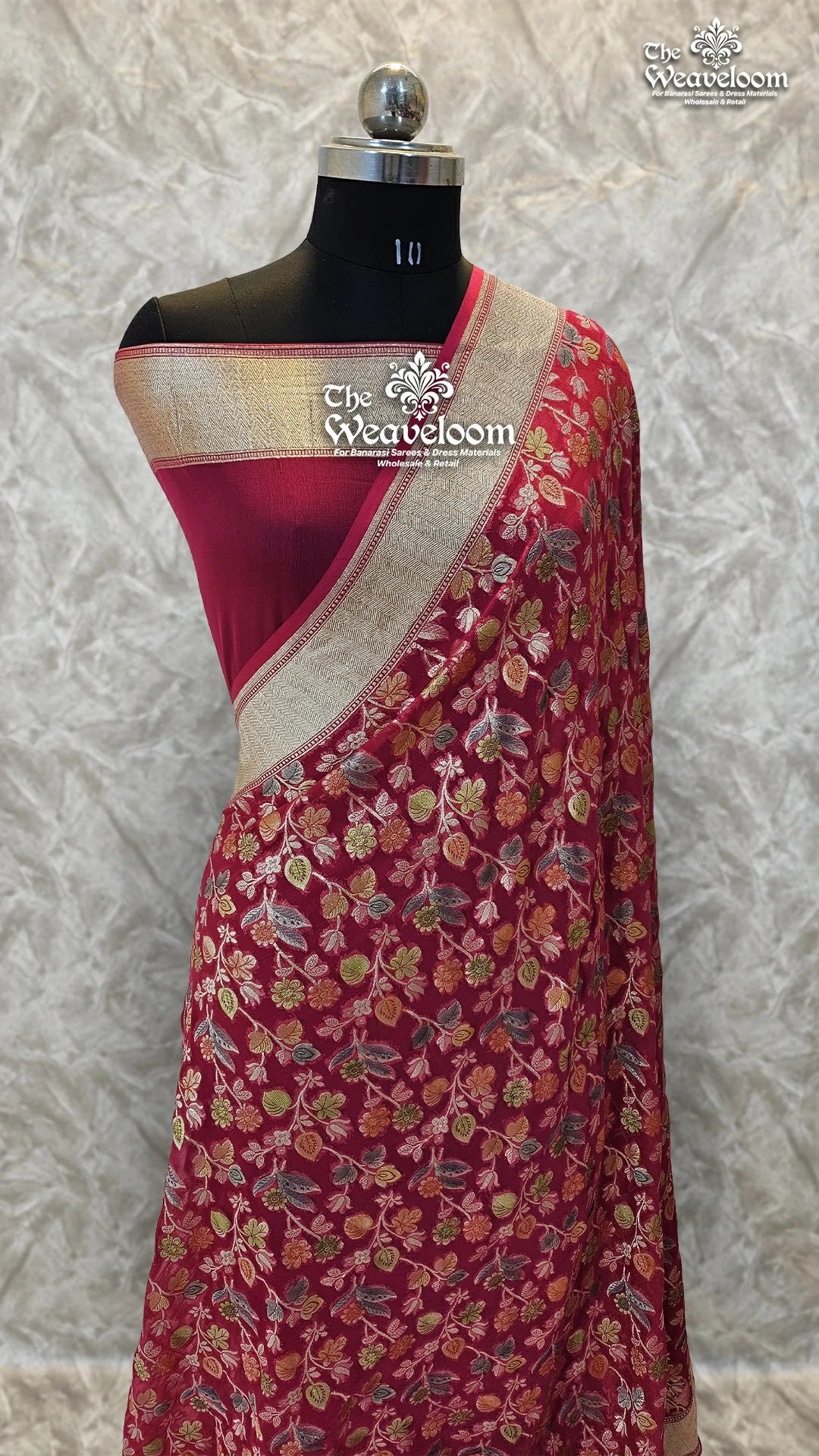 Rani Colour Khaddi Georgette Water Zari Pure Banarasi Saree by The Weaveloom – Floral Design and Handbrush Work