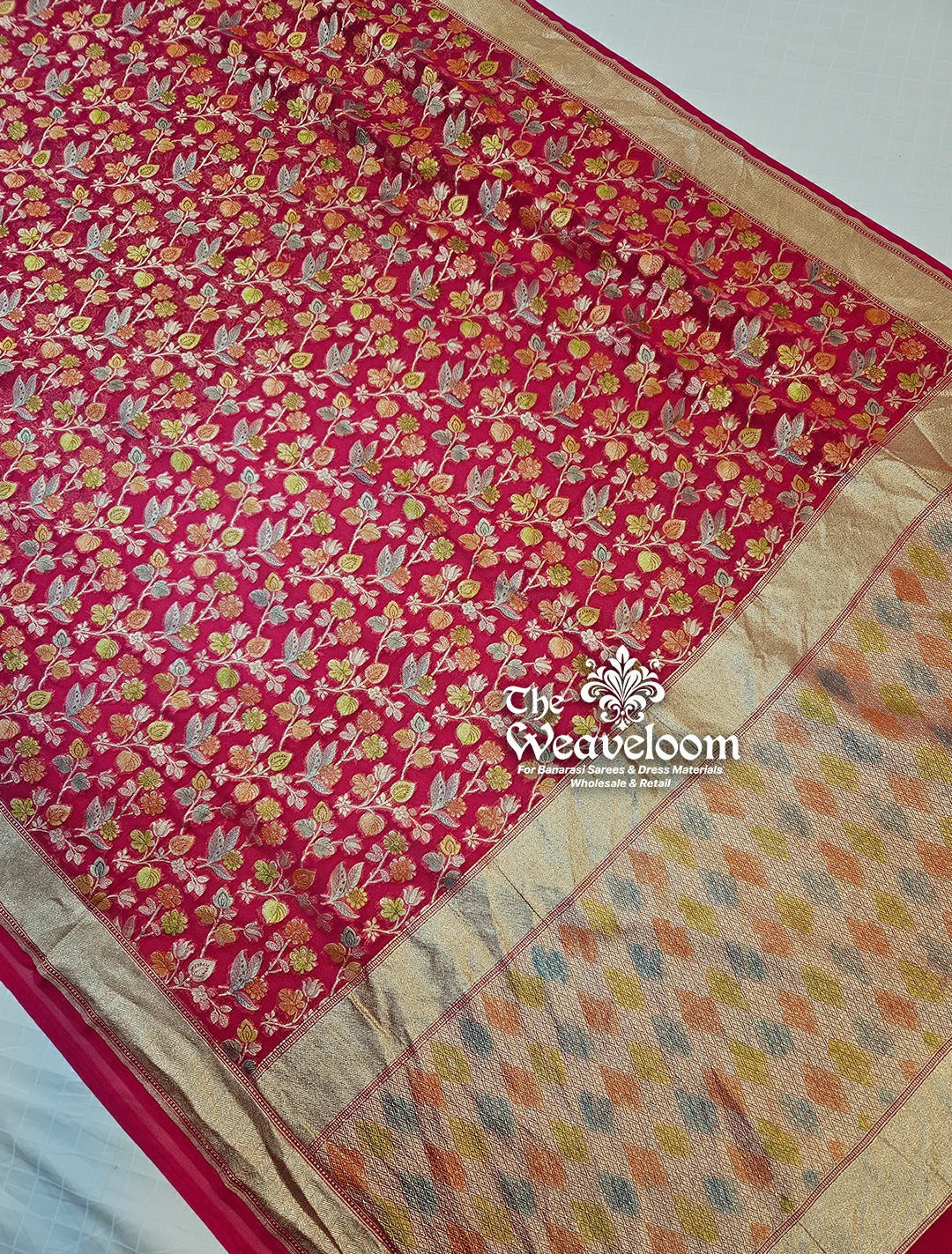 Rani Colour Khaddi Georgette Water Zari Pure Banarasi Saree by The Weaveloom – Floral Design and Handbrush Work