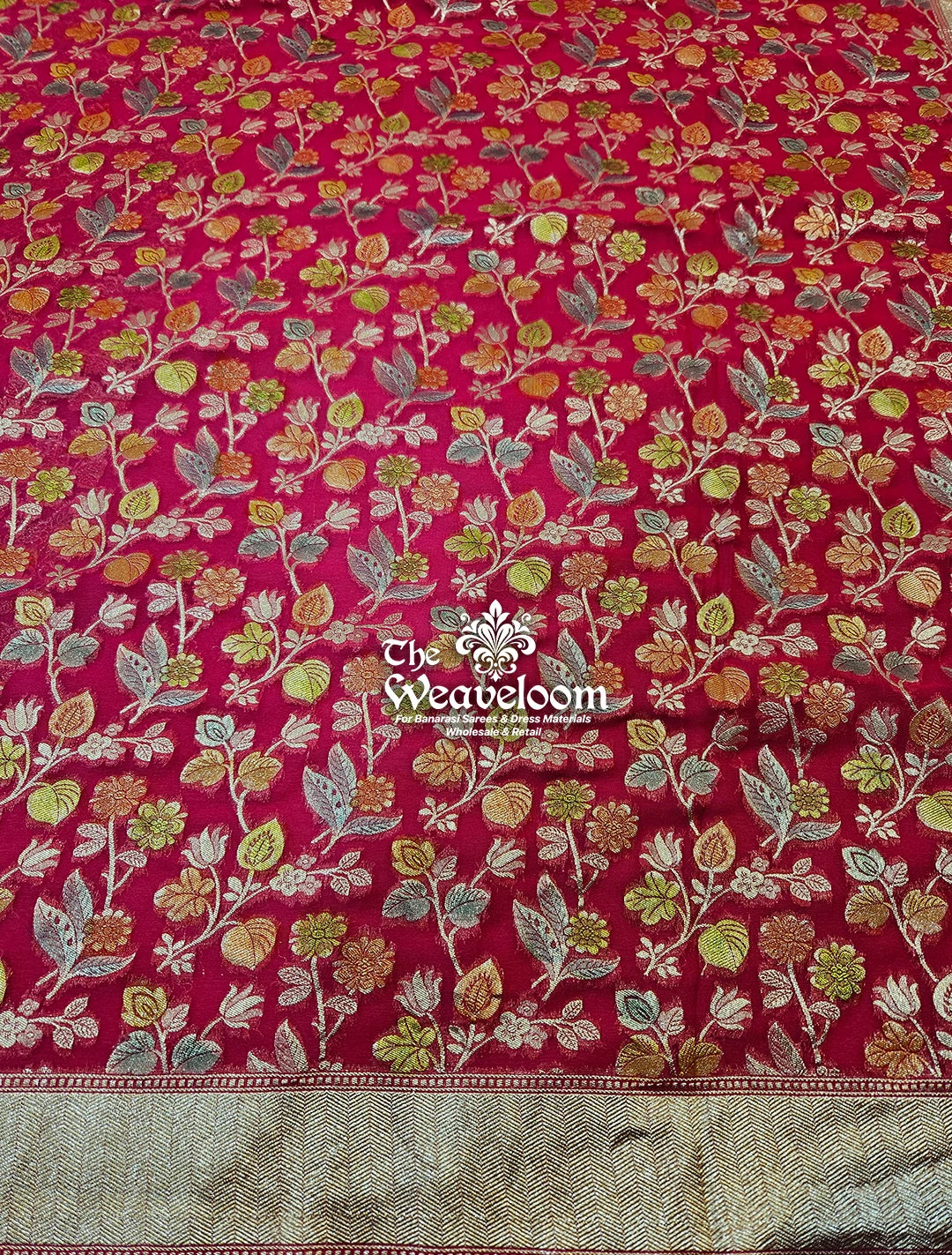 Rani Colour Khaddi Georgette Water Zari Pure Banarasi Saree by The Weaveloom – Floral Design and Handbrush Work