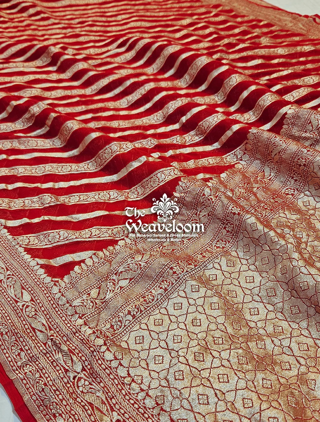 Red Khaddi Georgette Water Zari Pure Banarasi Saree by The Weaveloom - Shop Pure Georgette Sarees Online