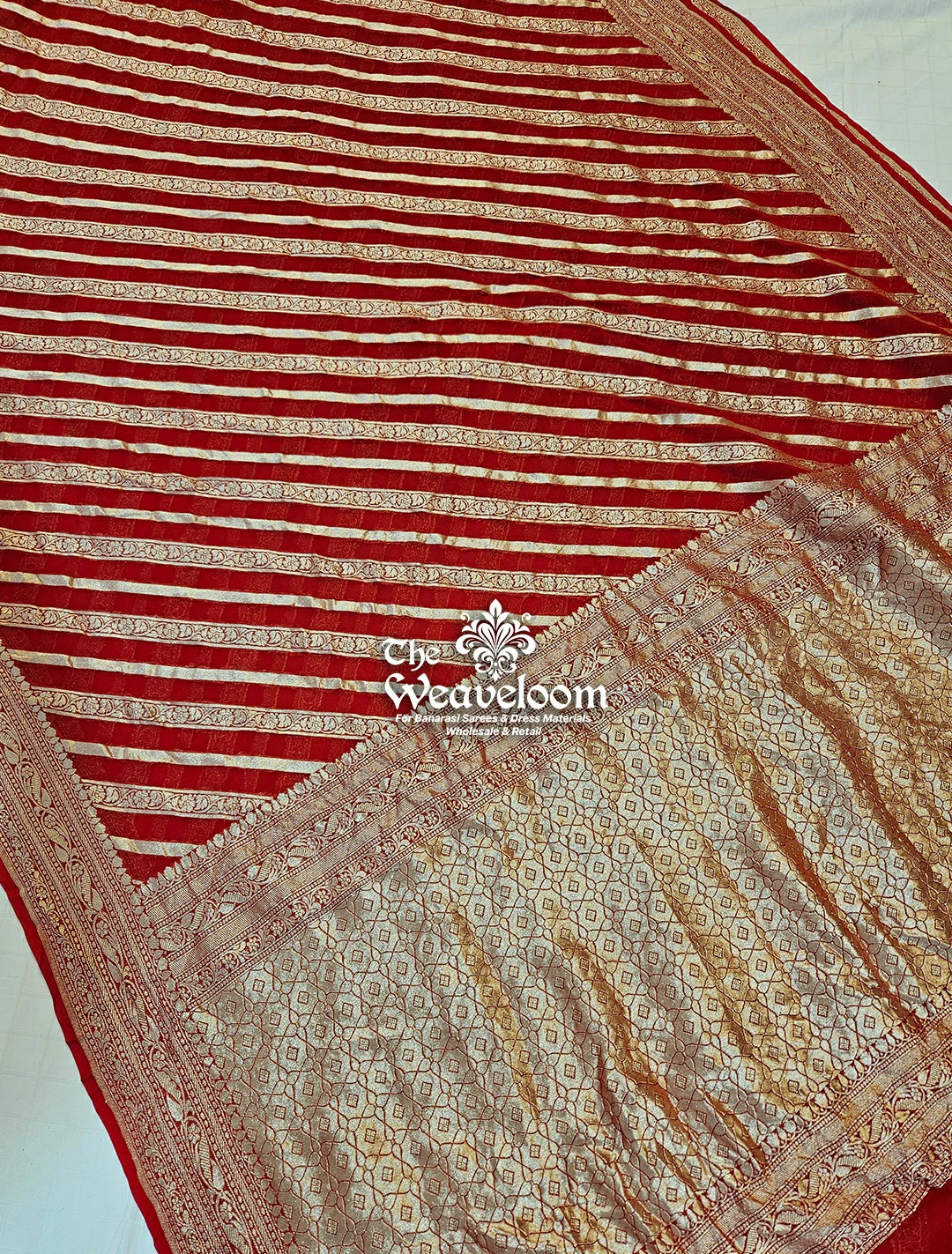Red Khaddi Georgette Water Zari Pure Banarasi Saree by The Weaveloom - Shop Pure Georgette Sarees Online