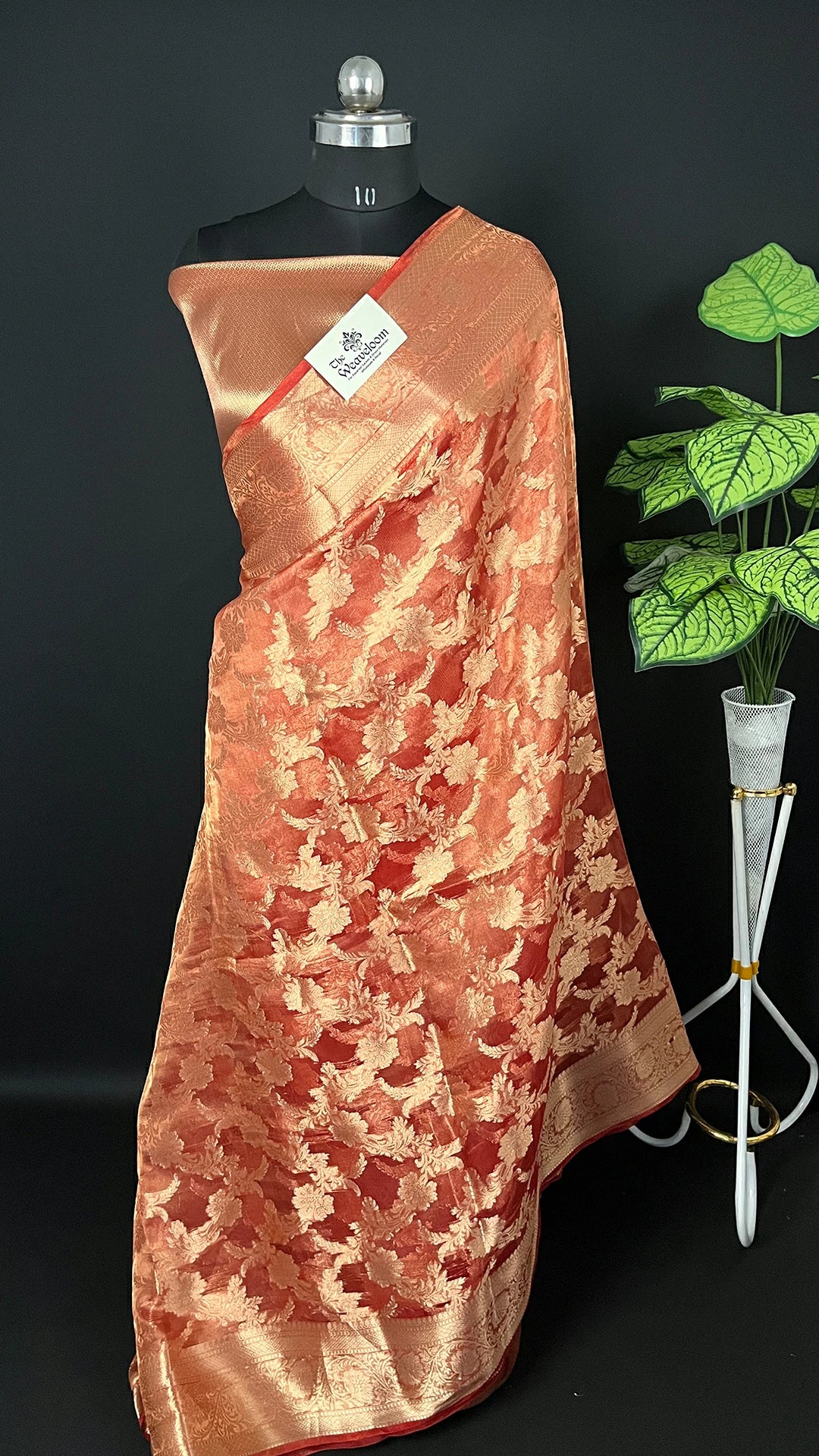Red - Tissue Silk Pure Banarasi Saree With Gold Floral Jaal And Broad Zari Border — The Weaveloom