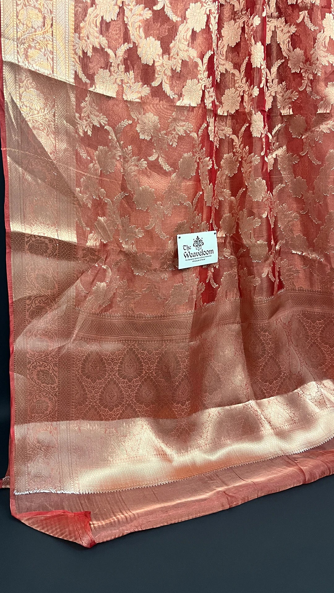 Red - Tissue Silk Pure Banarasi Saree With Gold Floral Jaal And Broad Zari Border — The Weaveloom