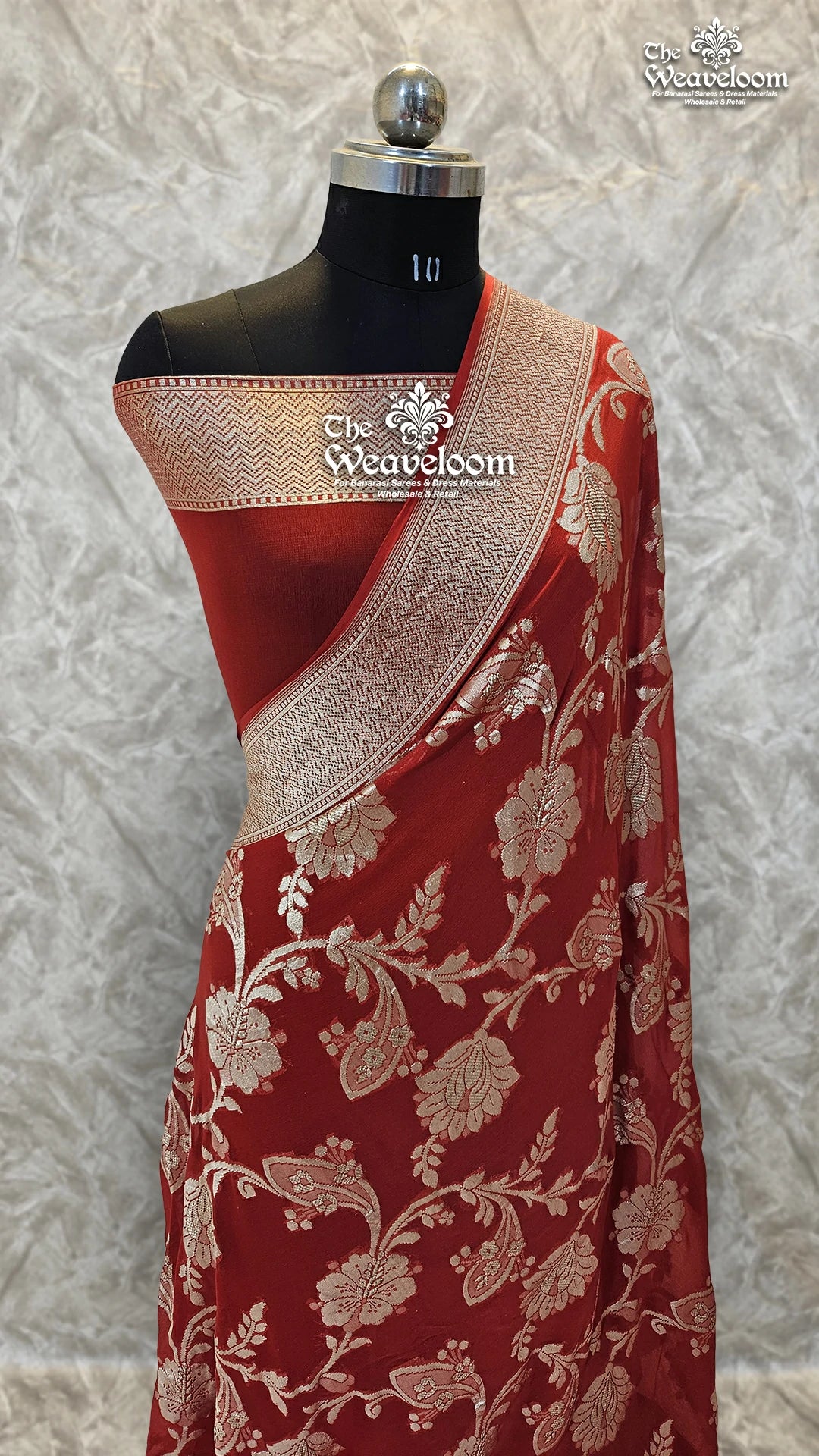 Red Khaddi Georgette Water Zari Pure Banarasi Saree by The Weaveloom – Premium Floral Georgette Saree Online