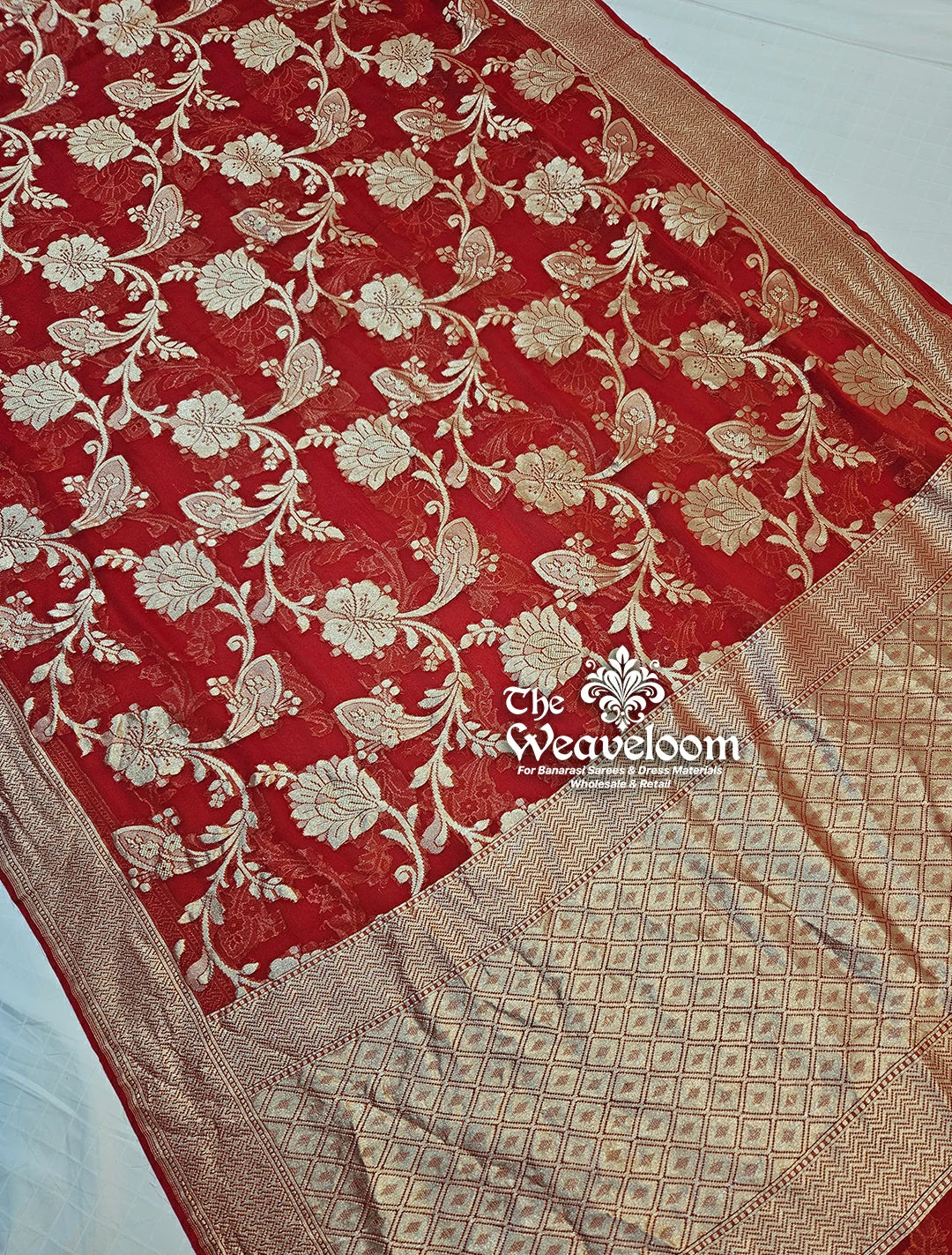 Red Khaddi Georgette Water Zari Pure Banarasi Saree by The Weaveloom – Premium Floral Georgette Saree Online