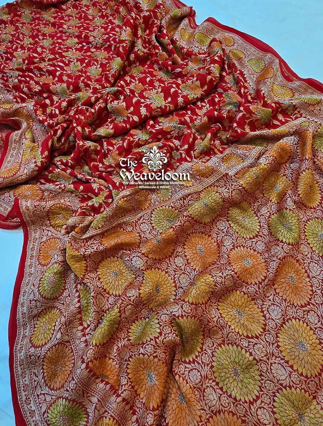 Red Pure Khaddi Chiffon Banarasi Saree – Lightweight, Elegant, and 100% Colour Customizable – The Weaveloom